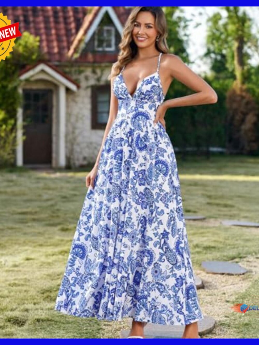 Summer Floral Maxi Dress Spaghetti Straps V Neck Backless Flowy Beach - Picture 4 of 6